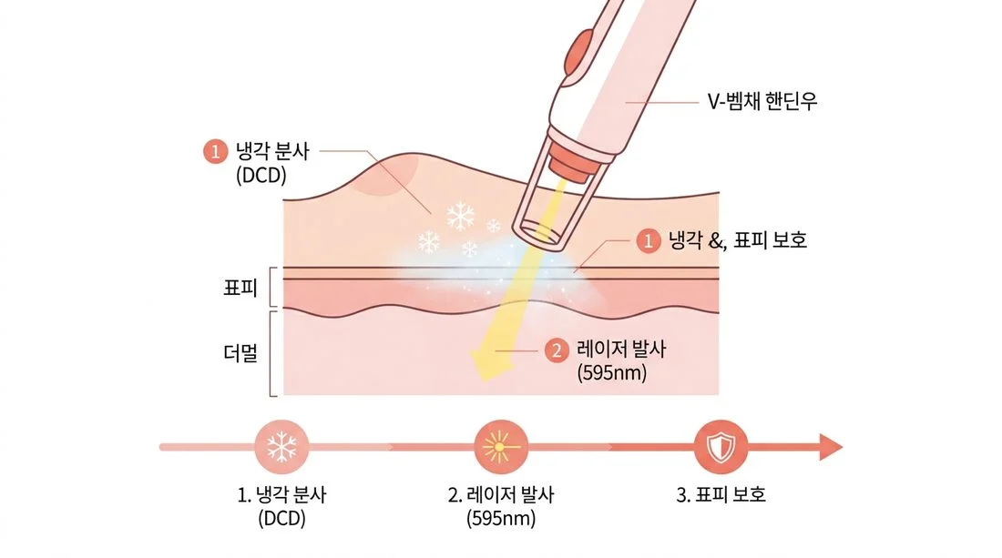 DCD 냉각 분사로 표피를 보호하며 595nm 레이저를 조사하는 원리